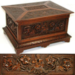 Antique Victorian Carved Jewelry, Sewing Box, Chest, Ornate Figural, Dated 1873
