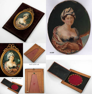 Fine Antique French Portrait Miniature, Fashion & Exotic, Low Bodice, LG Frame