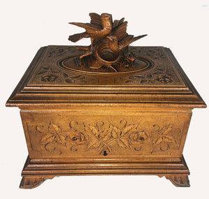 Antique Black Forest Carved 9.25" Cigar Chest, Box, Caddy, Lovebirds & Nest