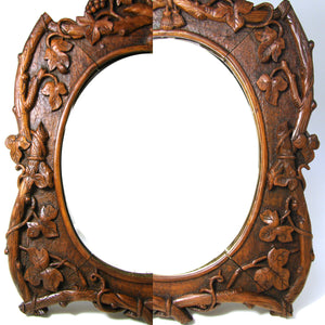 Antique Black Forest Style 12” Vanity or Boudoir Mirror, Ornate Foliage, Signed