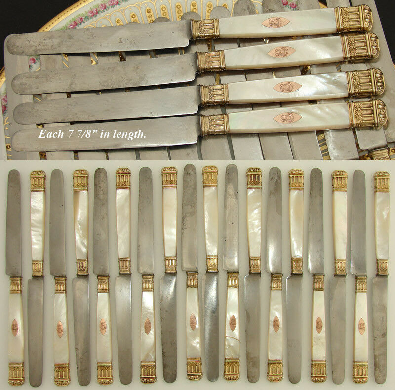 18pc Antique French Sterling Silver 18K - 22K Gold Vermeil & Pearl Knife Set