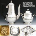 Elegant Antique French Sterling Silver 2pc Coffee or Tea Pot & Sugar Set, PAIR