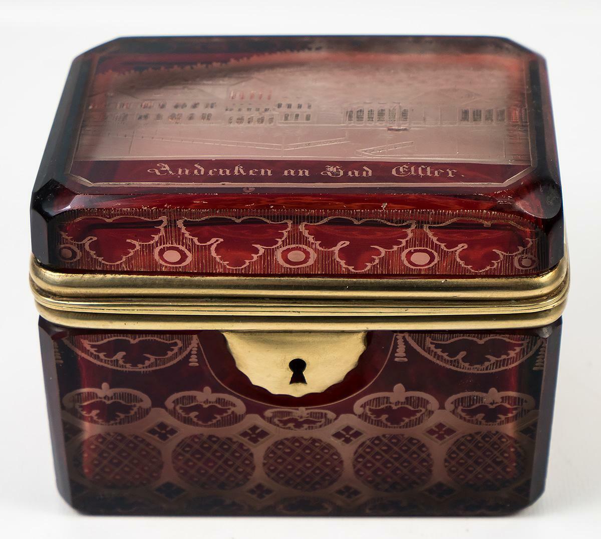 Antique Bohemian Ruby Flash & Wheel Engraved Spa or Souvenir Box, Sugar Casket