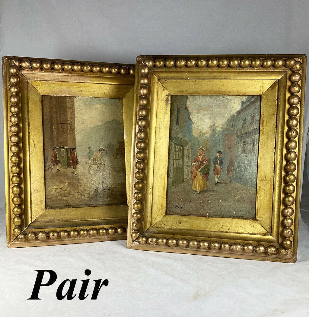 PAIR: Antique Oil Painting on Board, Original c.1870s Wood Frame, Gilt & Gadroon