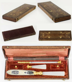 RARE Antique French c.1770-1830 Writer's Set, Complete, Opaline Seal, Pen in Box