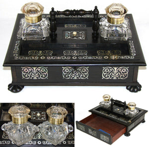 Antique Victorian Boulle Style 13" Inkstand or Inkwell, Ebony & Mother of Pearl