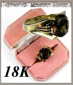 Beautiful Vintage Large Smoky Topaz, 18K Yellow Gold Ring, USA Size 6