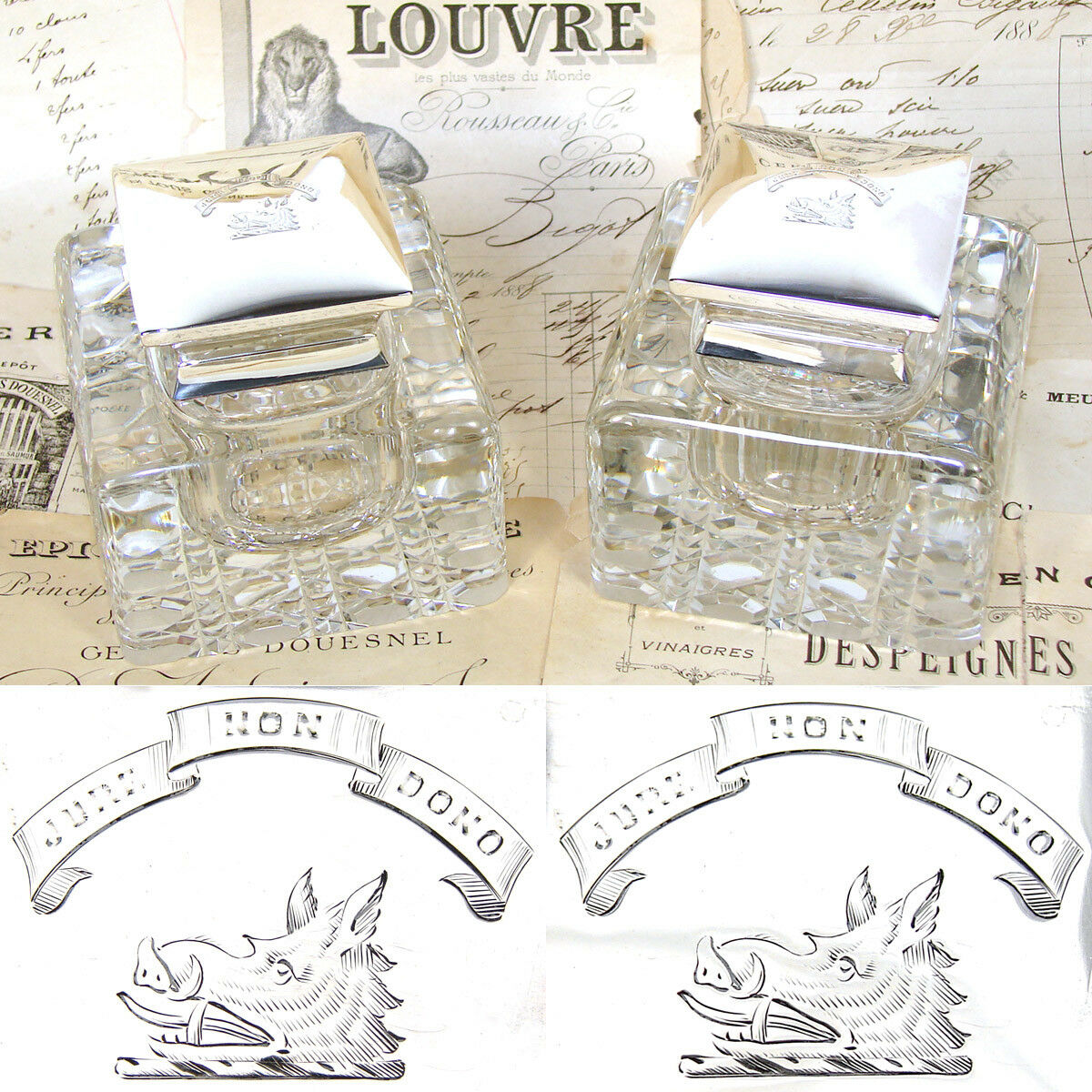 HUGE Antique Brilliant Cut Crystal & Sterling Silver Inkwell PAIR, Boar Heraldry