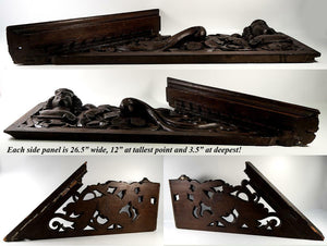 Antique Victorian Carved 26.5" Furniture, Architectural Crown PAIR, 53" Figural