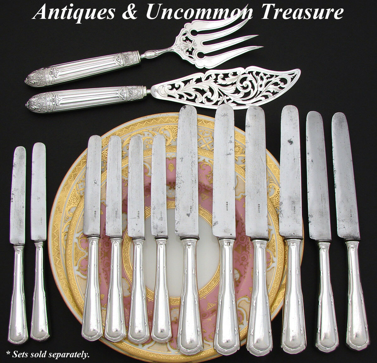 Elegant Antique French ODIOT Sterling Silver 12pc Table Knife Set, 2pc for SIX