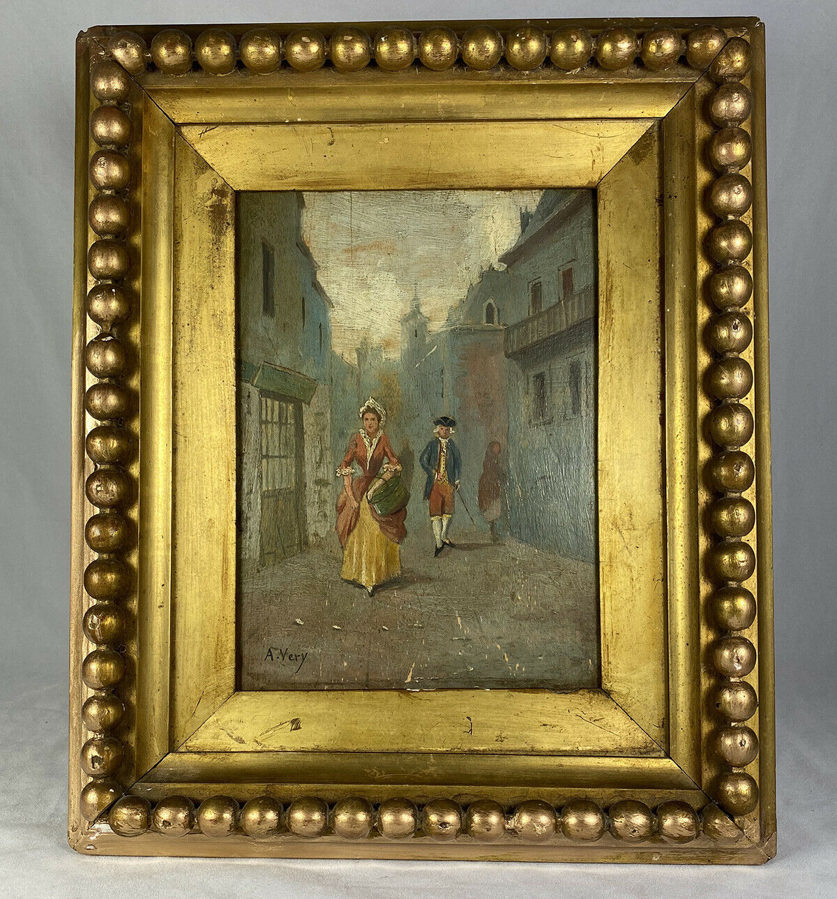 PAIR: Antique Oil Painting on Board, Original c.1870s Wood Frame, Gilt & Gadroon