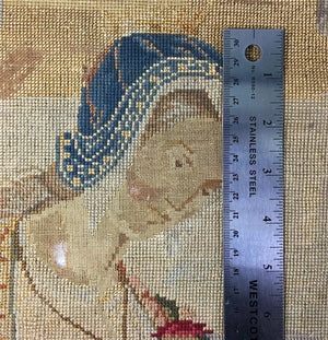 Antique Early Victorian Needlepoint Embroidery Sampler, Figure & Parrot Tapestry