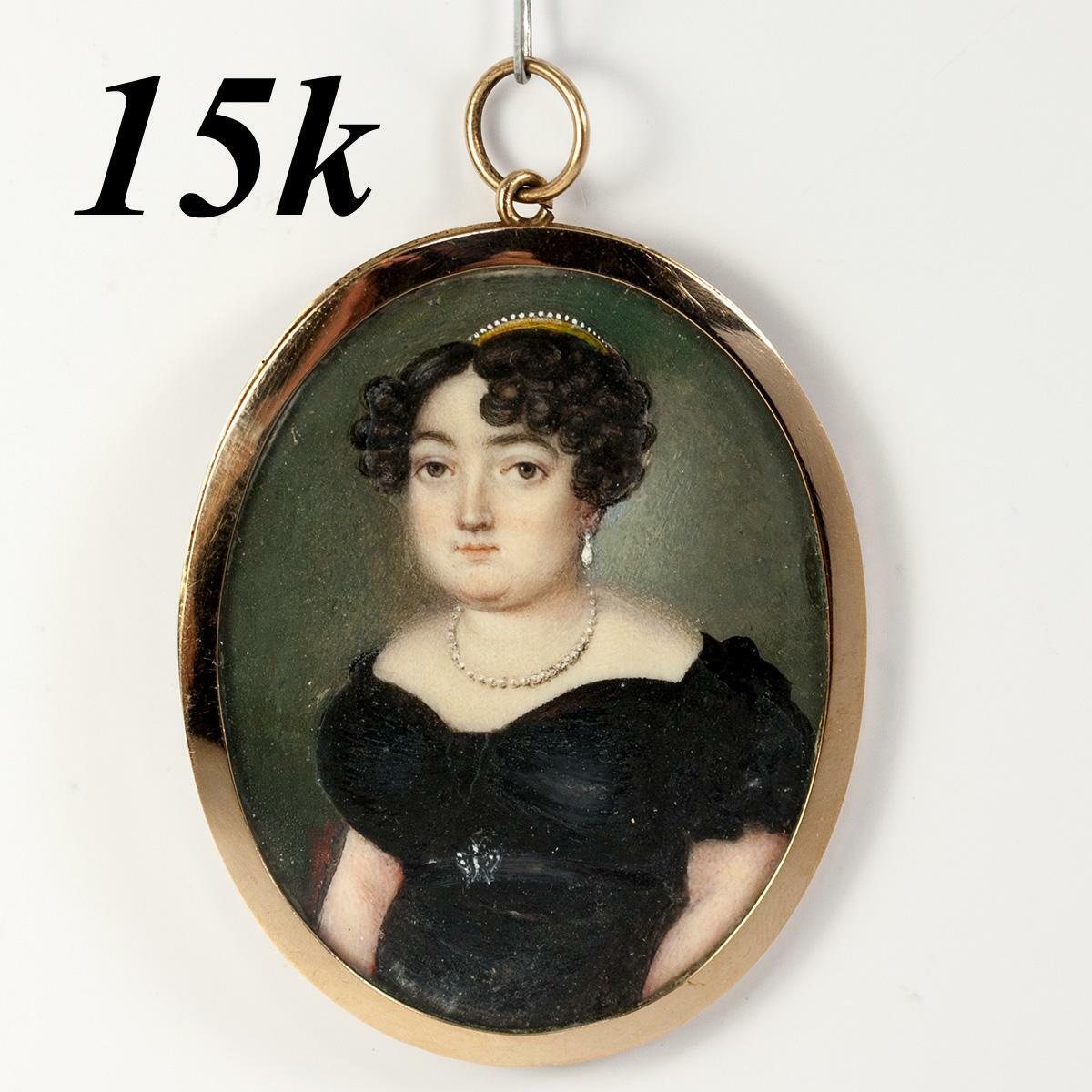 Rare Fine French Empire Portrait Miniature, 15k Gold Frame, Pearl Tiara, Diadem