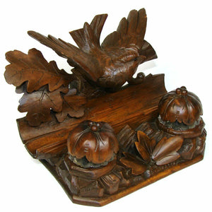 Antique Black Forest Carved Figural Double Inkwell Stand, Desk Caddy, Large Bird