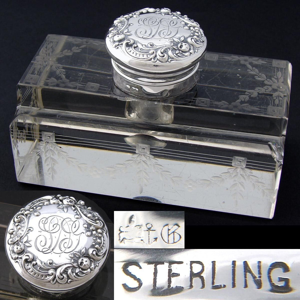 Elegant Antique Gorham Sterling Silver & Cut Crystal 5" Inkwell, Etched Garland