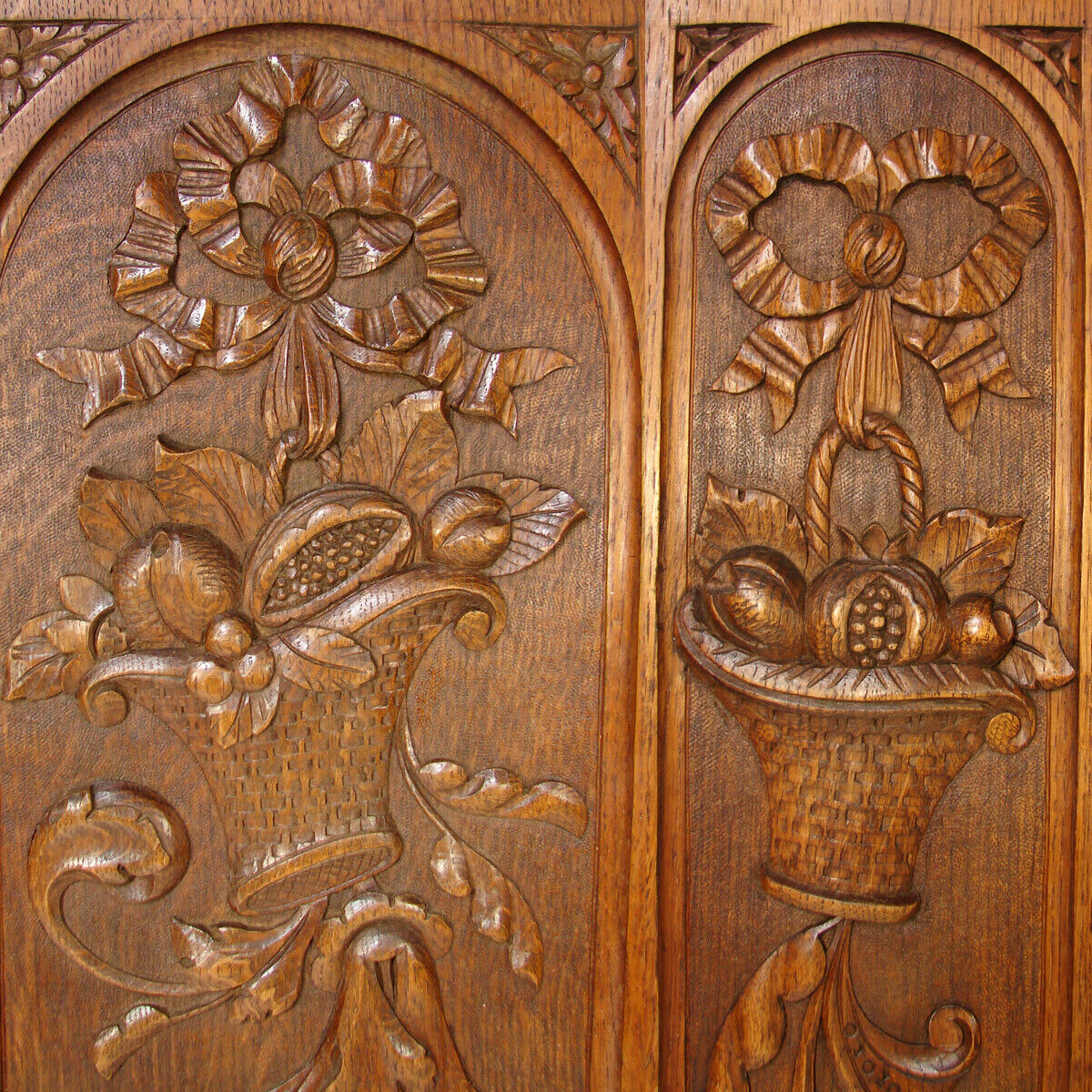 Fab Antique Country French Style Carved Oak Panels, 3pc, Bows, Ribbons & Baskets