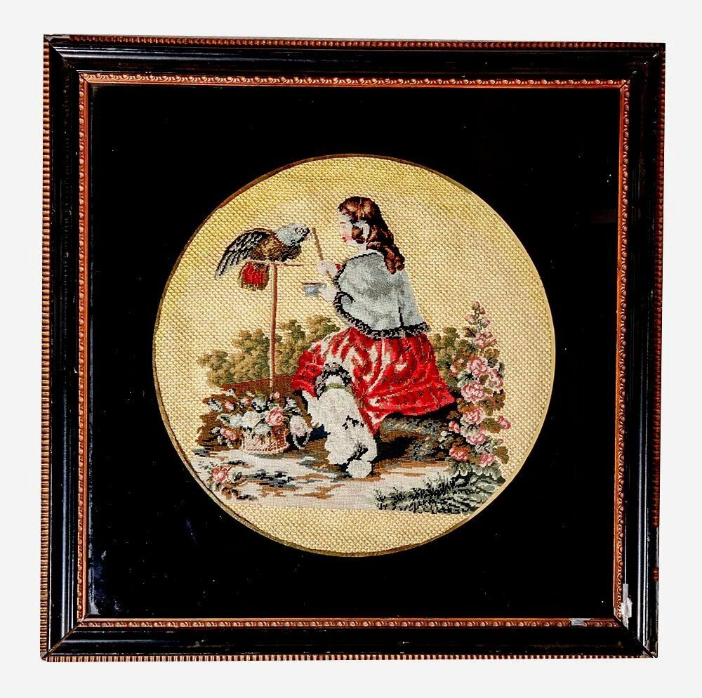 Antique English Victorian Needlepoint: Queen Victoria & Pets, Petitpoint, Framed