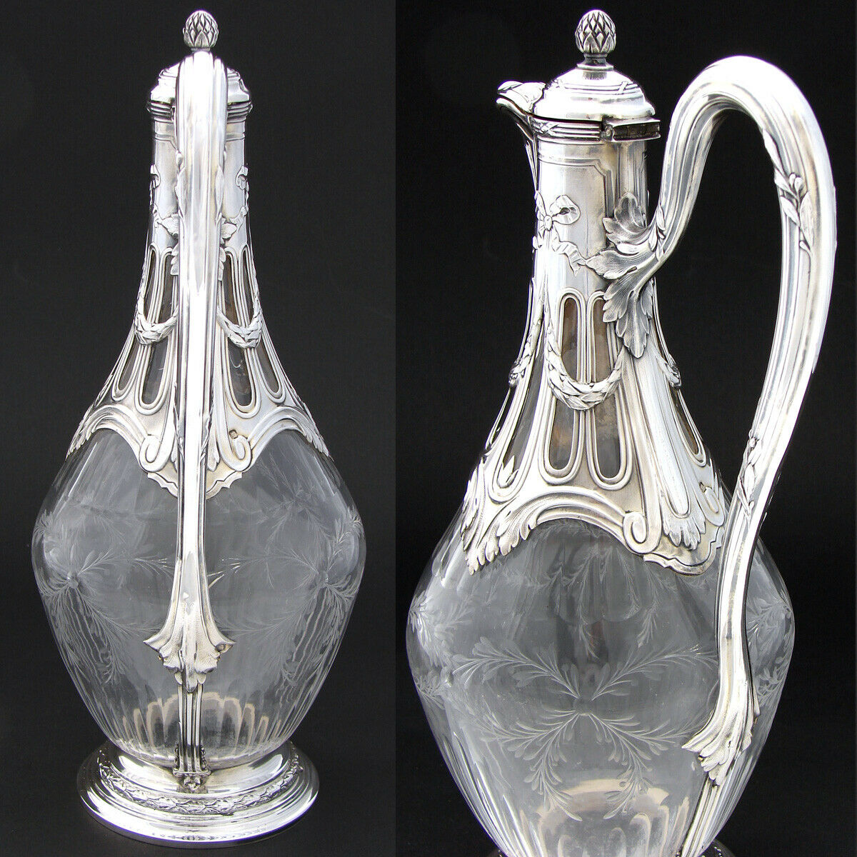 Antique French PUIFORCAT Sterling Silver & Intaglio Glass Claret Jug, Empire