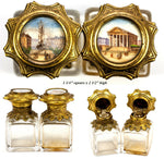 Antique French Scent Casket, Caddy, 2 Perfume Flask, Eglomise Views of Paris