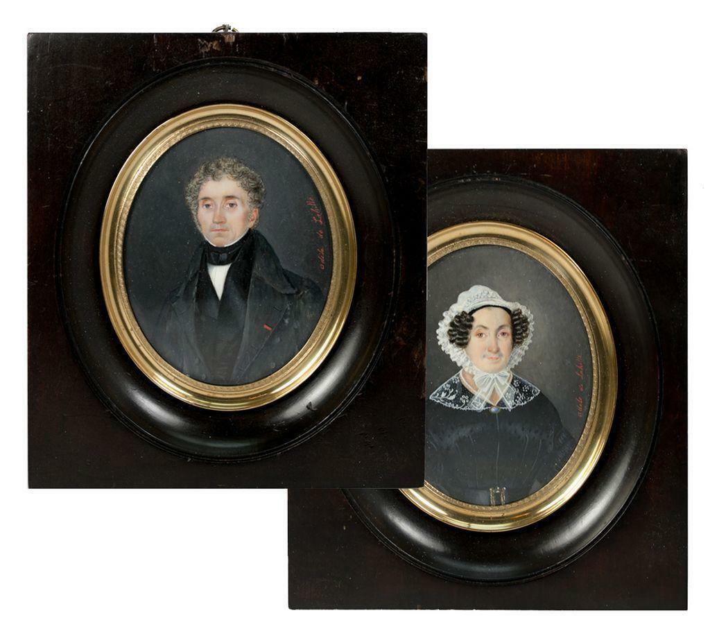 PAIR: LG Antique Signed French Portrait Miniature (2), Couple, Adele de La Hitte