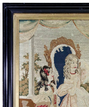 Superb French Victorian Era Needlepoint Tapestry in Frame, 2 Girls, Interior