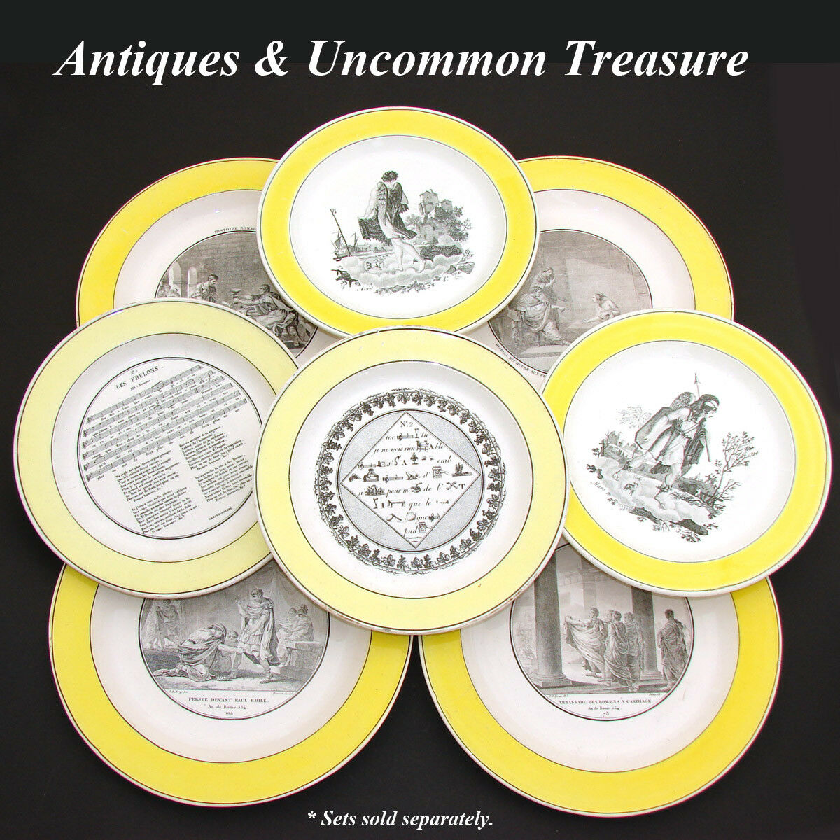 Antique French Creil Faience 4pc 9 5/8" Cabinet Plate Set, "Histoire Romaine"