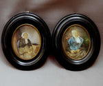 PAIR Antique French Portrait Miniatures, Drawings & Watercolor on Card, Frame