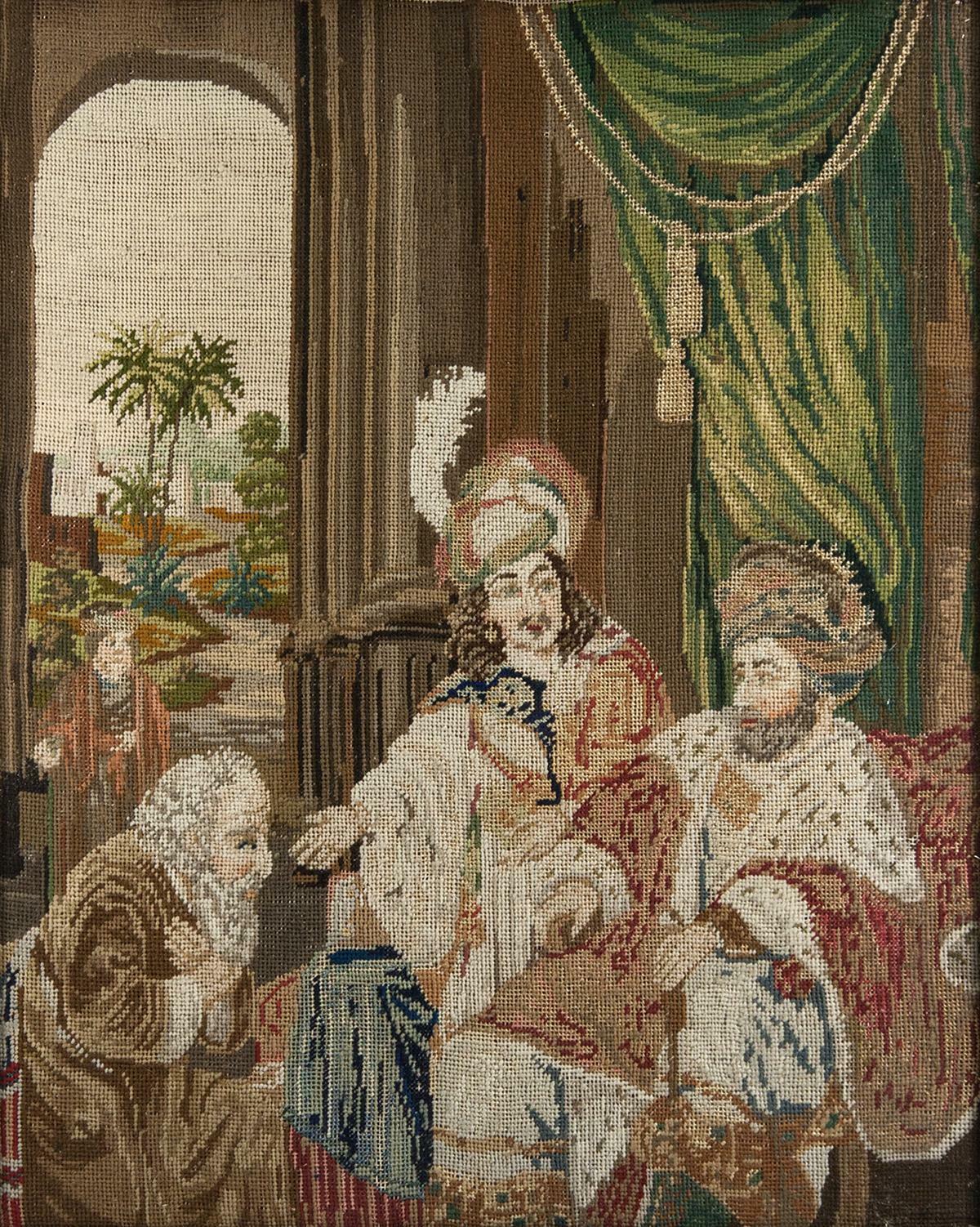 Antique Victorian Era Fine Needlepoint Tapestry in Elegant Frame, King & Throne