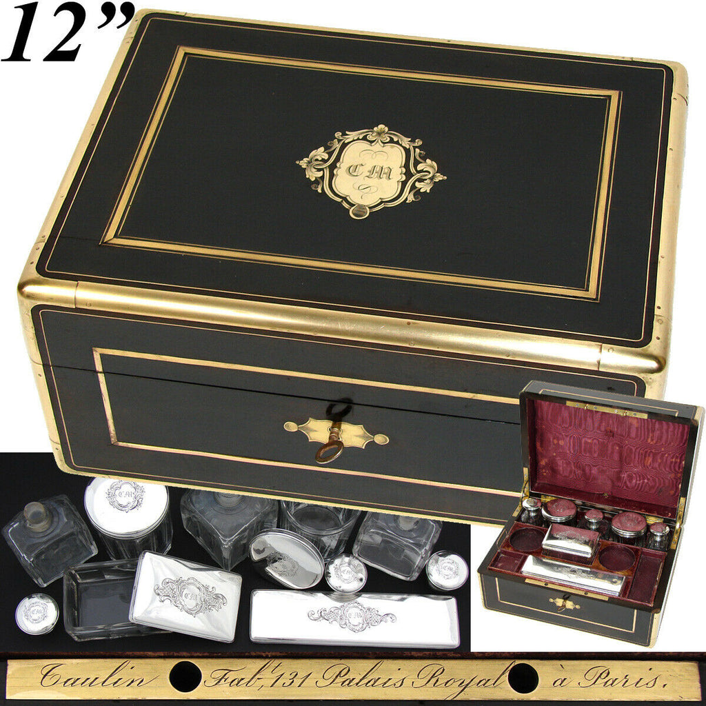 Antique French Taulin Palais Royal Travel Chest, Box, Necessaire, Trousse de Voyage, Sterling Top Jars, Tools +