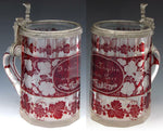 Antique Bohemian Glass Beer Stein, Ruby - Clear, Ornate Grapes, Foliage Engraved