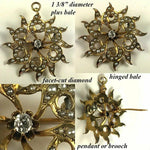 Antique Edwardian 12k Gold Starburst Pendant, 1 2/8" Brooch, Diamond, Seed Pearl