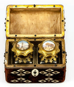 Antique French Scent Casket, Caddy, 2 Perfume Flask, Eglomise Views of Paris
