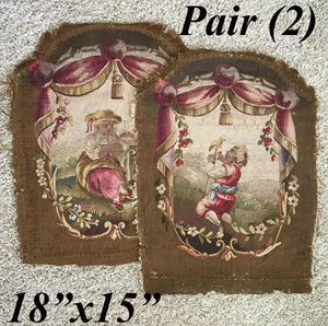 Pair (2) Antique French Aubusson Tapestry Panels, Children, Former Chair Backs