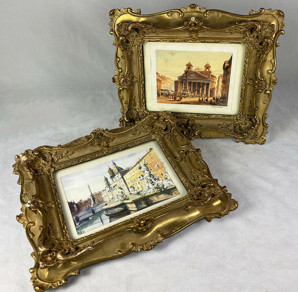 Pair Antique French Carved Wood Frames, Watercolors of Rome, Pantheon & Trevi