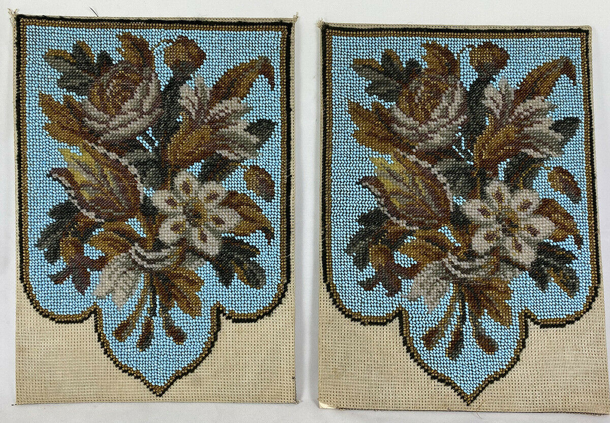 Pristine Pair of Victorian Beadwork Shield Face Screen Panels, Frame or Pillows