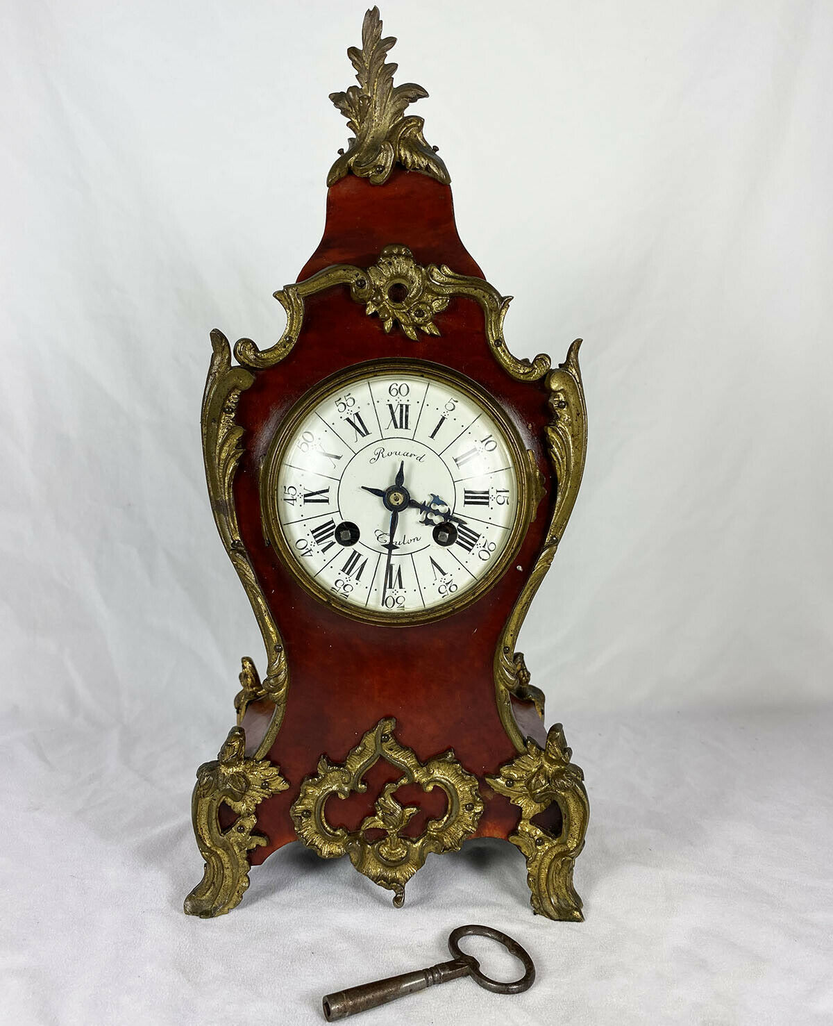 Superb Antique French Boulle Rouard Mantel Clock, 14" Tall, Working and Complete