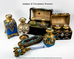Antique French Scent Casket, Caddy, 2 Perfume Flask, Eglomise Views of Paris