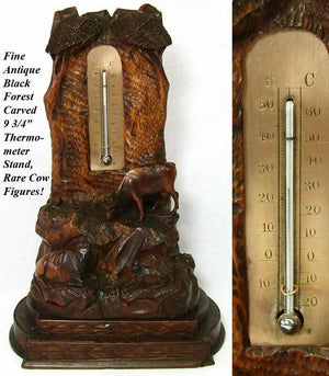 Antique Black Forest Carved Desk Thermometer Stand, Rare Pastoral