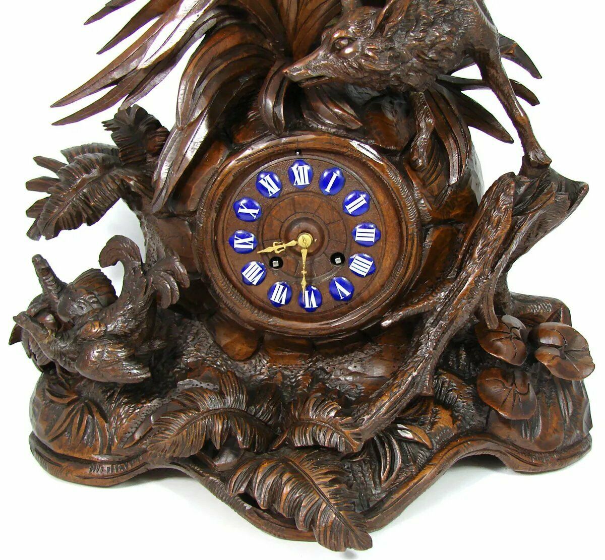 Museum Antique HC Black Forest Mantel Clock, 18.75" Tall, Japy Freres, Fox, Hens