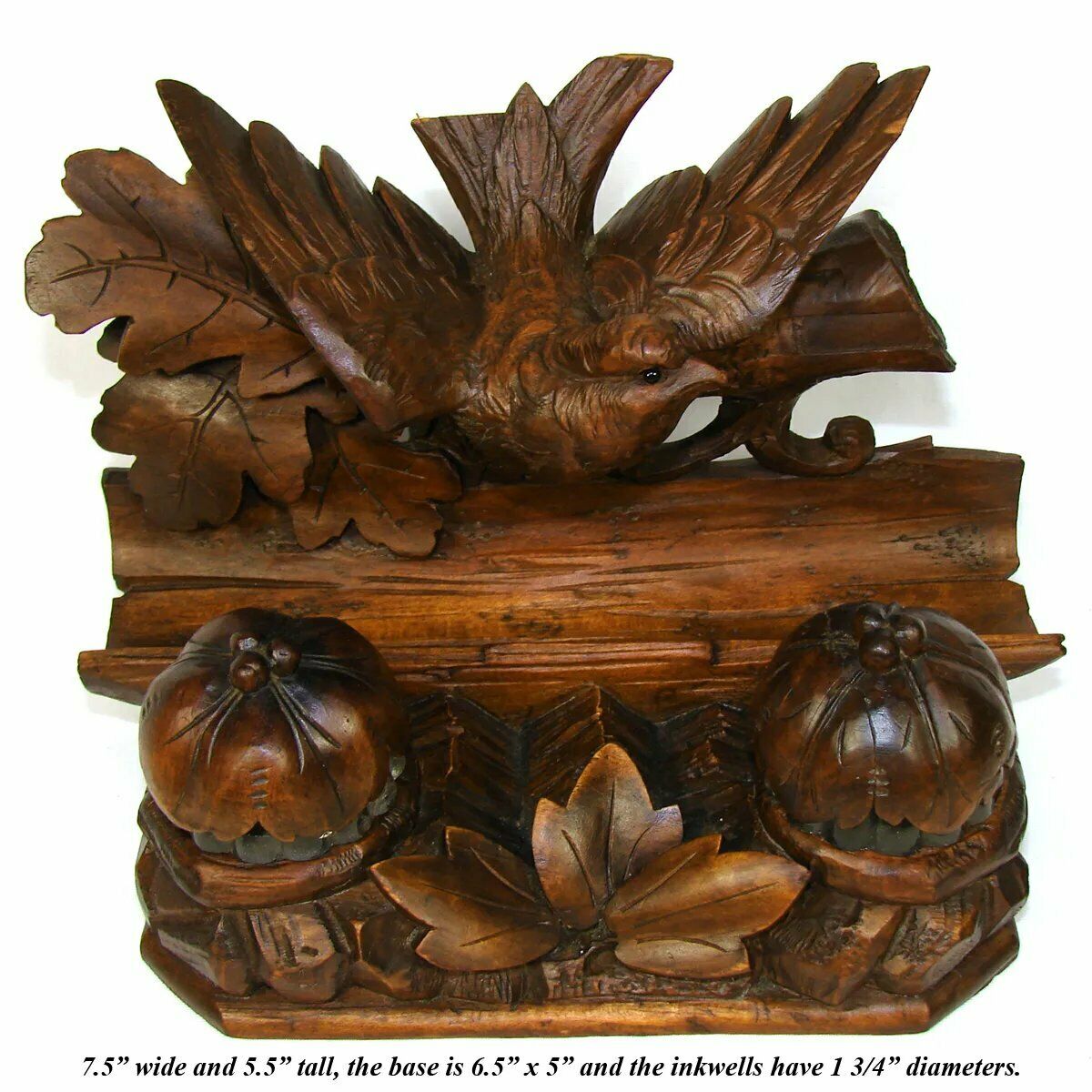 Antique Black Forest Carved Figural Double Inkwell Stand, Desk Caddy, Large Bird