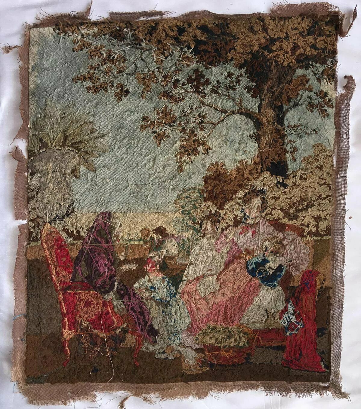 Antique Georgian Micro Needlepoint Embroidery Panel, 23" x 19" Tapestry with Dog