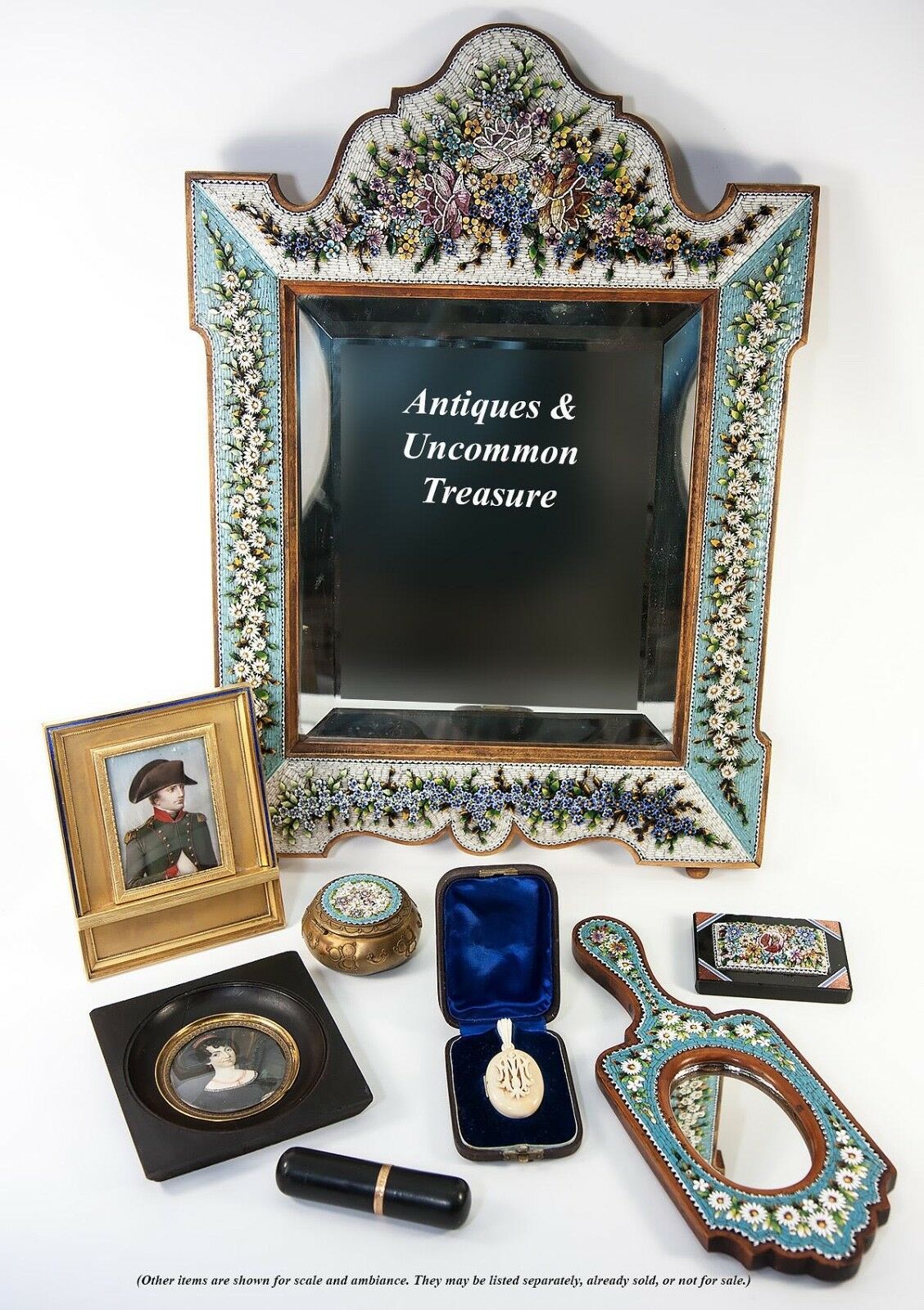 Antique Victorian Micromosaic & Wood Frame, Hand Mirror, Micro Mosaic