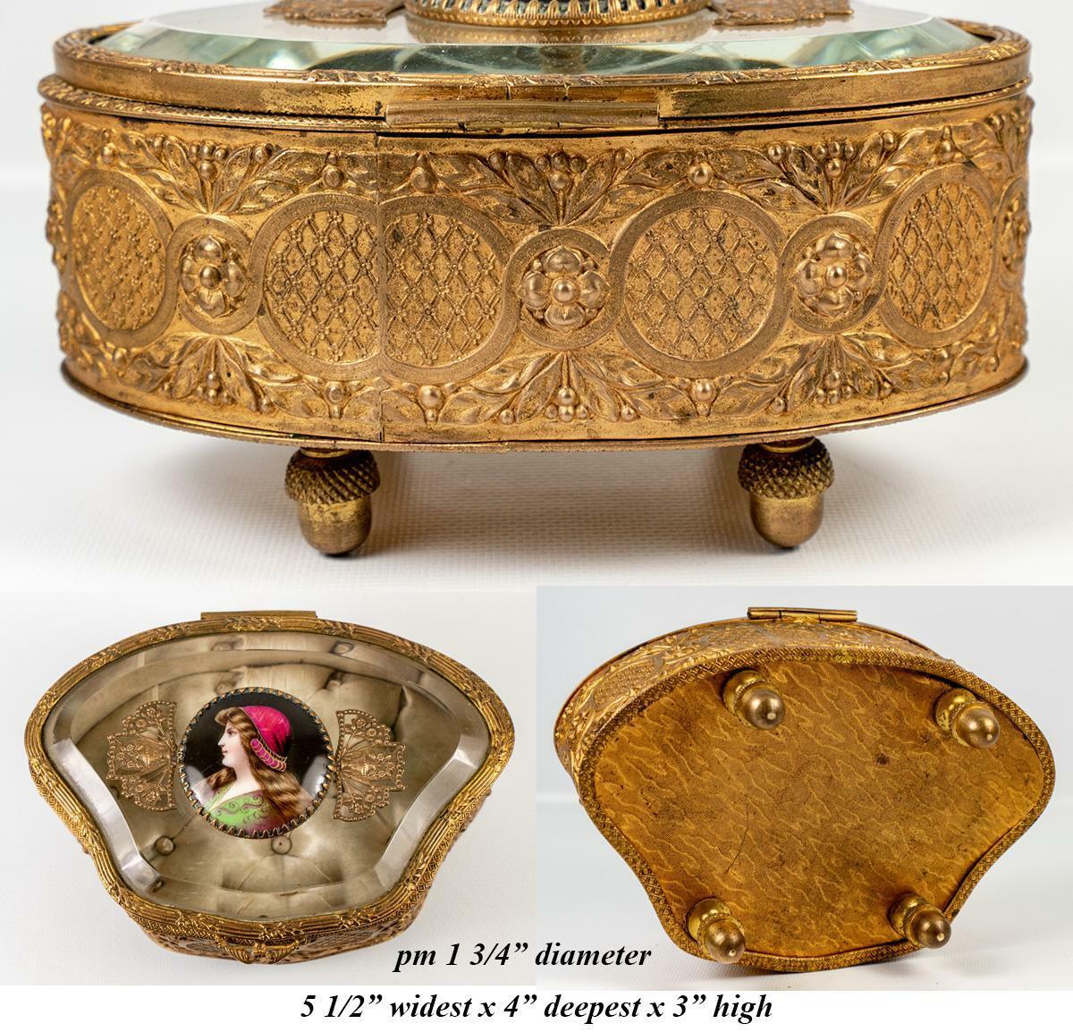 Antique French Jewelry Casket, Box, Glass Top, Kiln-fired Portrait of St. Helen