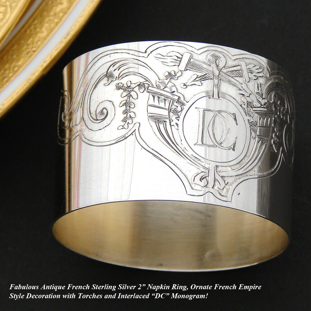 Antique French Empire Style 2" Napkin Ring, Cornucopia & Torches, "DC" Monogram