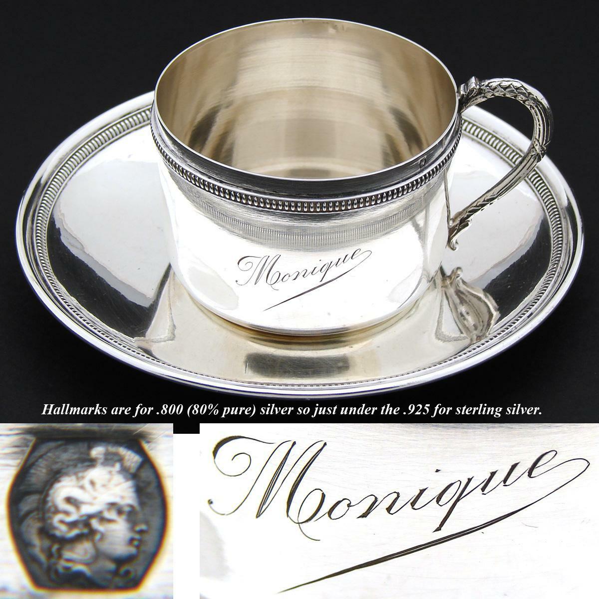 Antique French .800 (nearly sterling) Silver Tea Cup & Saucer, Large "Monique"