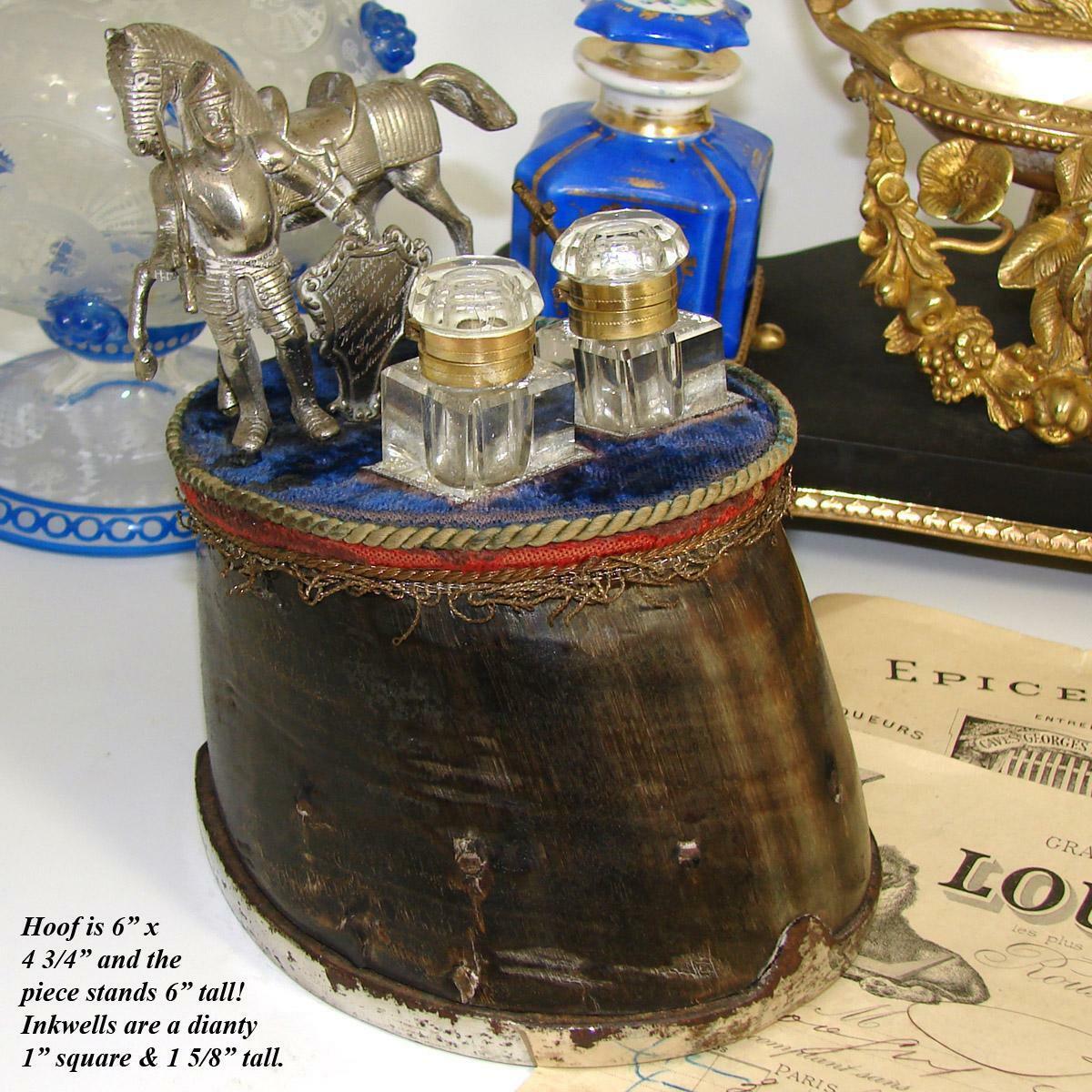 Antique Victorian Era Double Inkwell: Equestrian Horse Hoof, Knight, Trophy