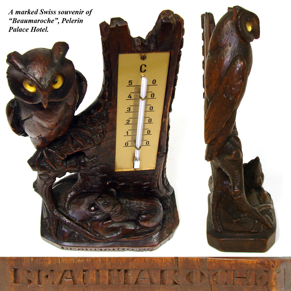 Charming Antique Black Forest Thermometer Stand, Owl & Rodent, Swiss Souvenir