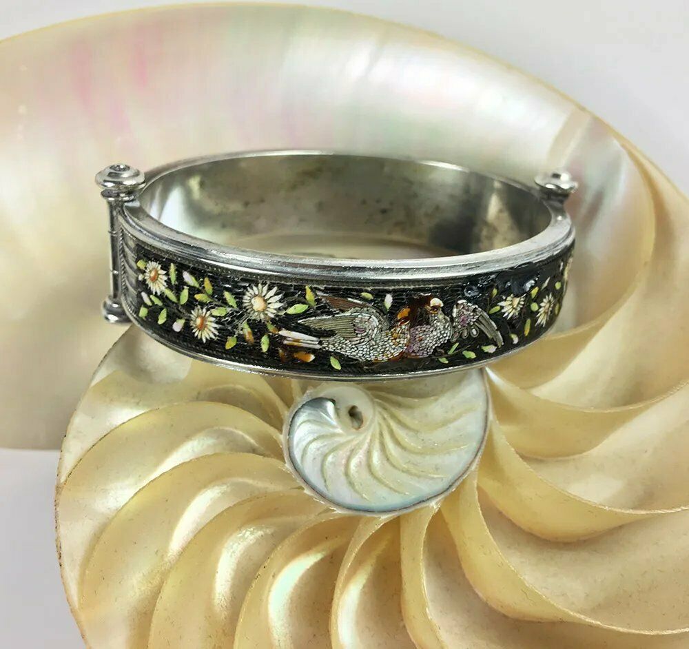 Antique Rome Micro Mosaic Bracelet, Doves and Flowers in Silver Hinged Bangle