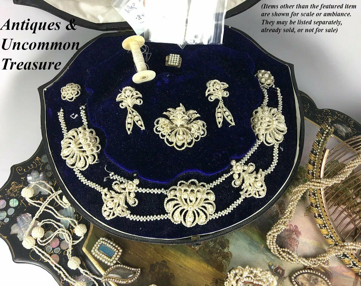 Antique Georgian to Early Victorian 18k Seed Pearl Parure, Box, Necklace, Brooch