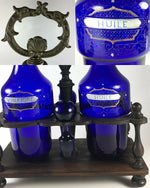 Antique French Enameled Cobalt Blue Glass Oil, Vinegar, in Original Wood Stand
